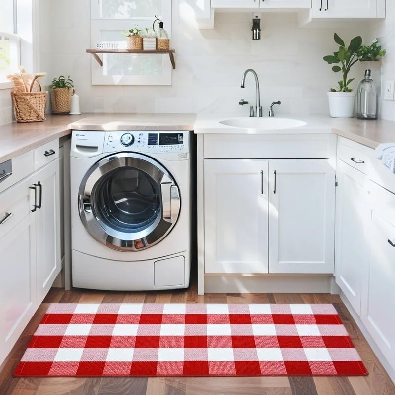 USTIDE Cotton Buffalo Plaid Rug Red&White Check Rugs 23.6"X51" Hand-Woven Indoor or Outdoor Rugs for Layered Door Mats Washable Carpet for Front Porch/Kitchen/Farmhouse/Entryway - Image 4